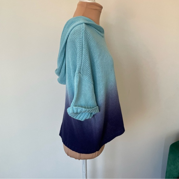 Anthropologie 525 America Blue Ombre Knit Short Sleeve Cropped Hoodie Sweater M - Picture 7 of 12